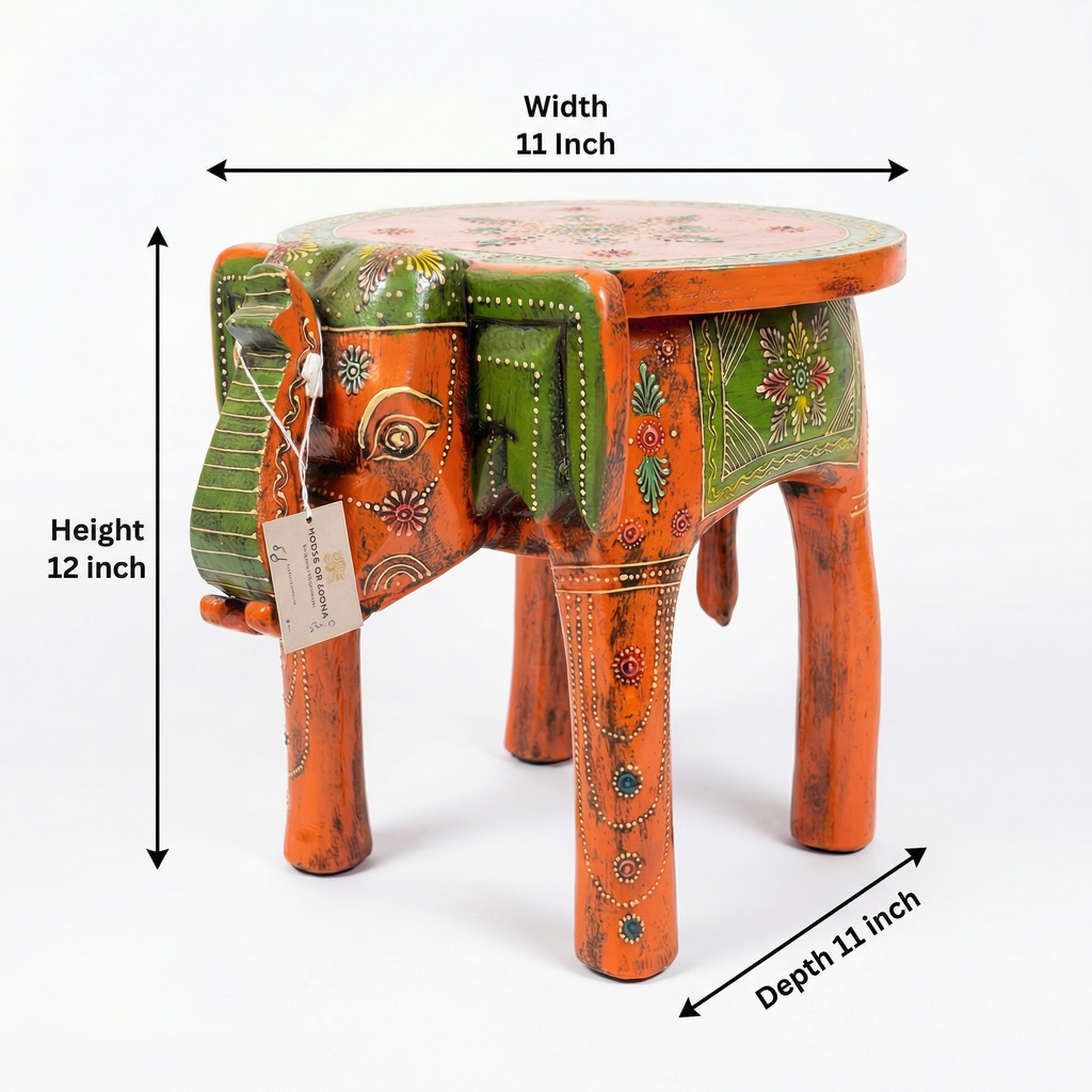 Wooden Elephant Stool Orange | 12x11x11 inch
