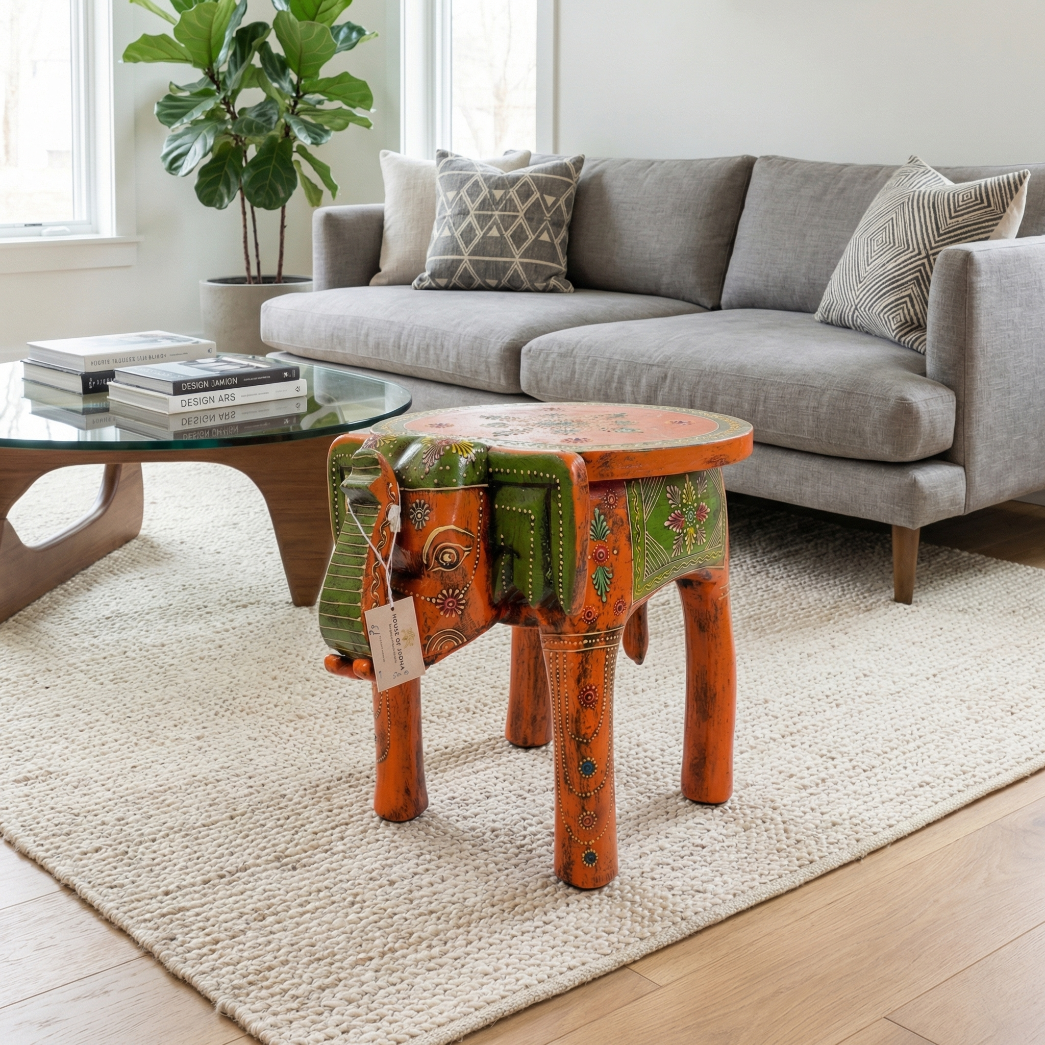 Wooden Elephant Stool Orange | 12x11x11 inch