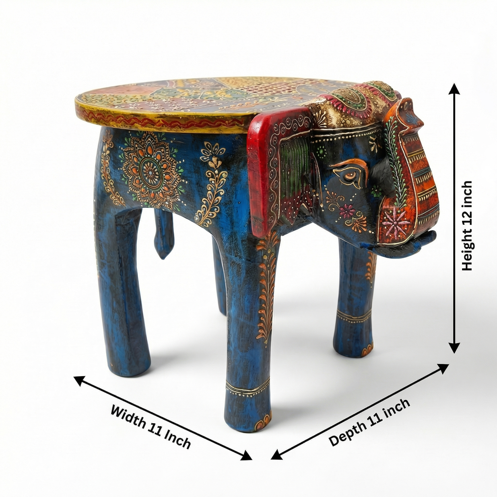 Wooden Elephant Stool Blue | 12x11x11 inch