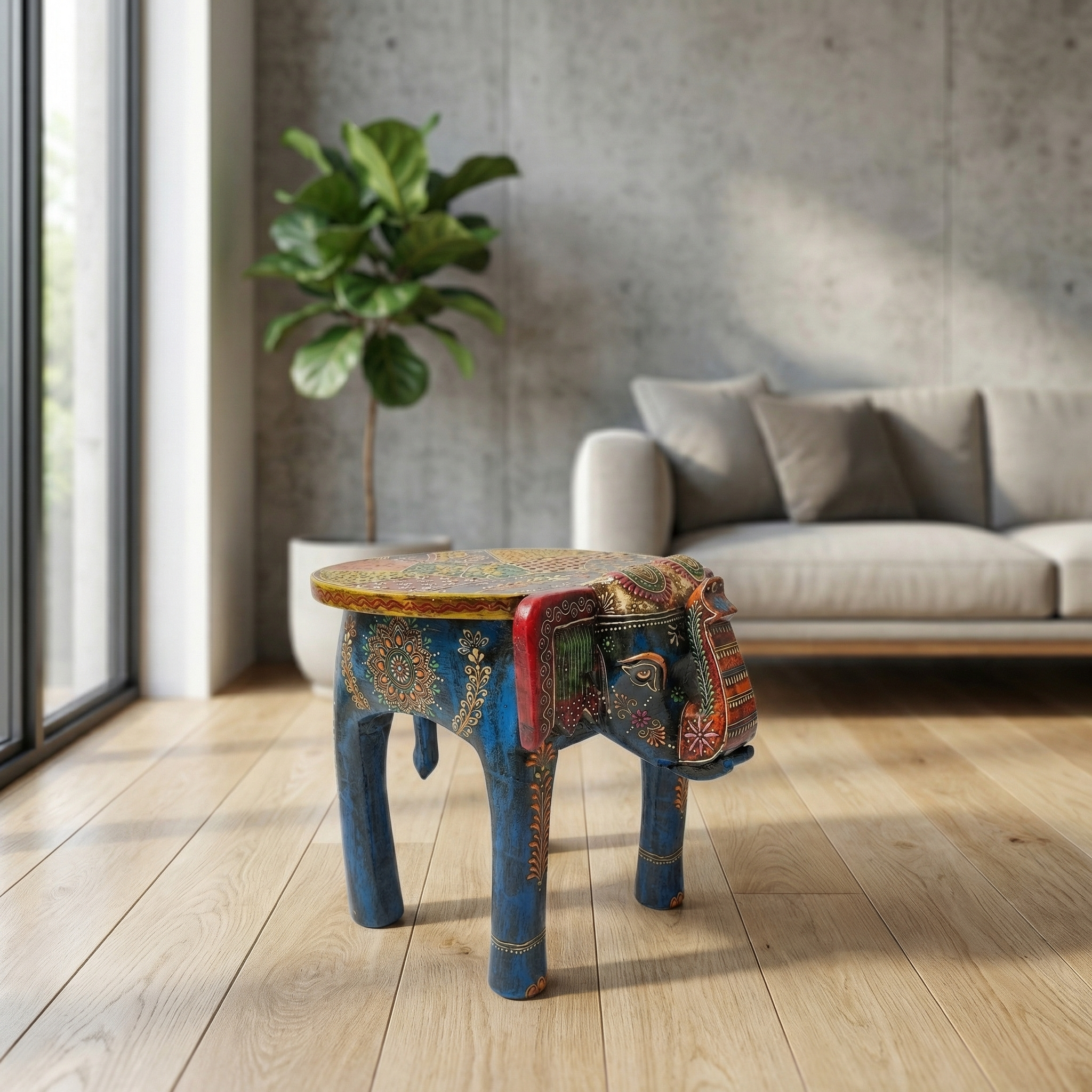 Wooden Elephant Stool Blue | 12x11x11 inch