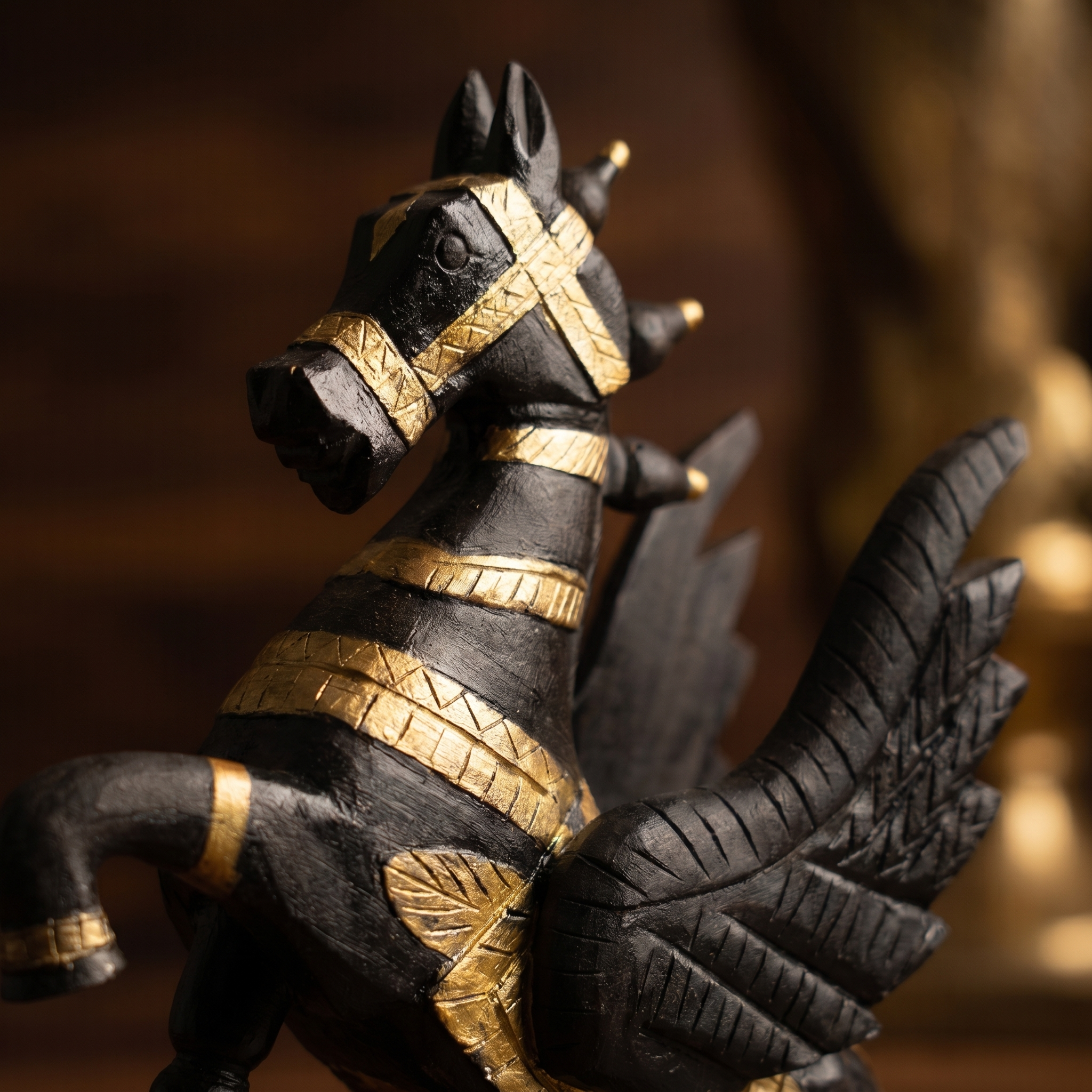 Wooden Flying Horse | Black with Gold Accents | 55x46x17cm
