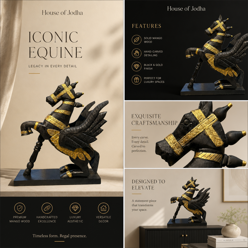 Wooden Flying Horse | Black with Gold Accents | 55x46x17cm