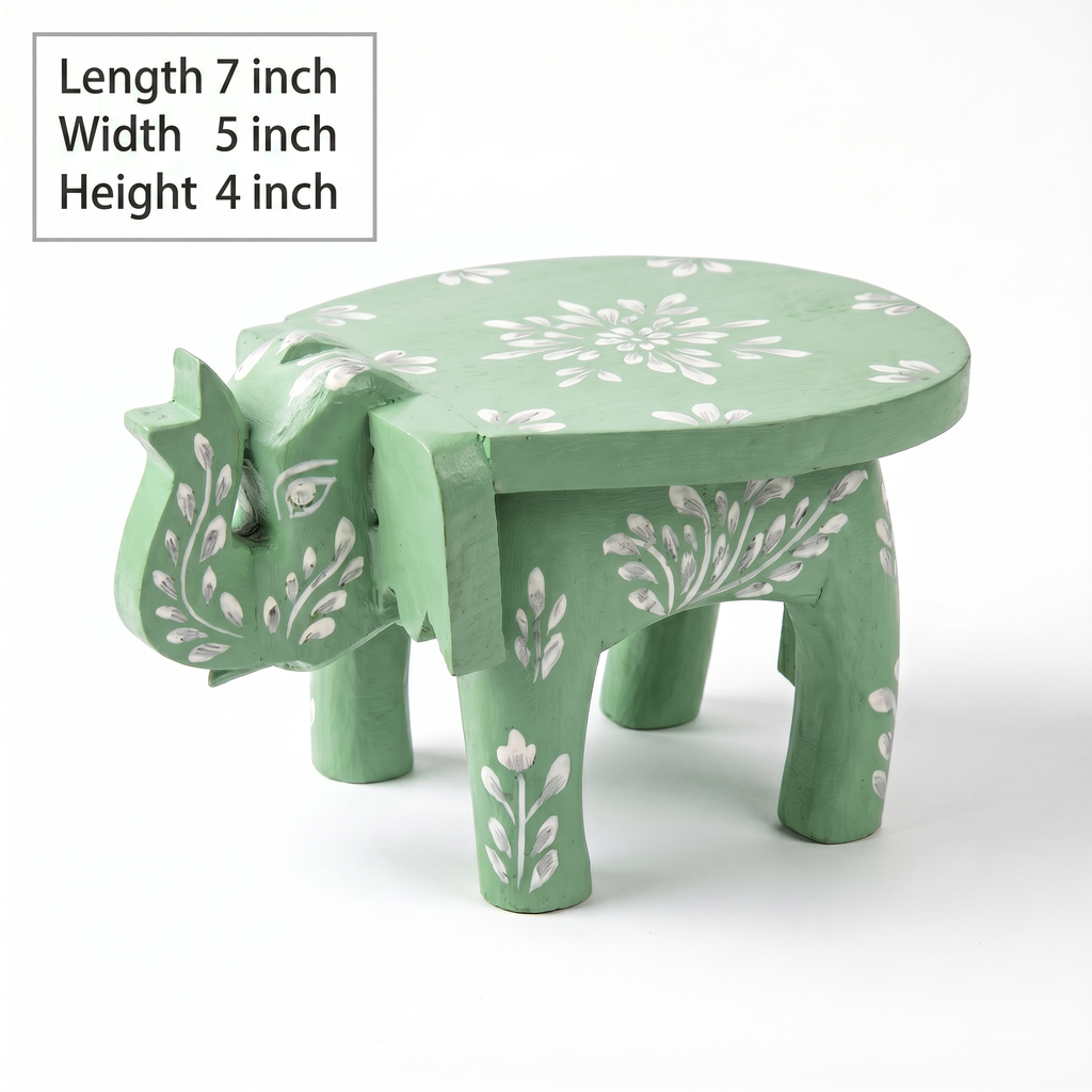 Wooden Elephant Stool | Green with White Flower Motifs | 7x5x4 inches