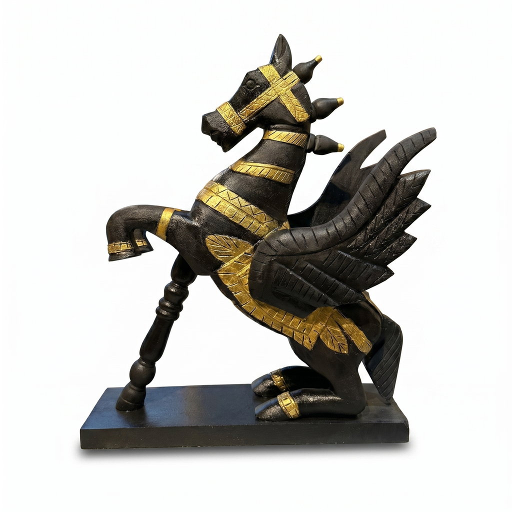Wooden Flying Horse | Black with Gold Accents | 55x46x17cm