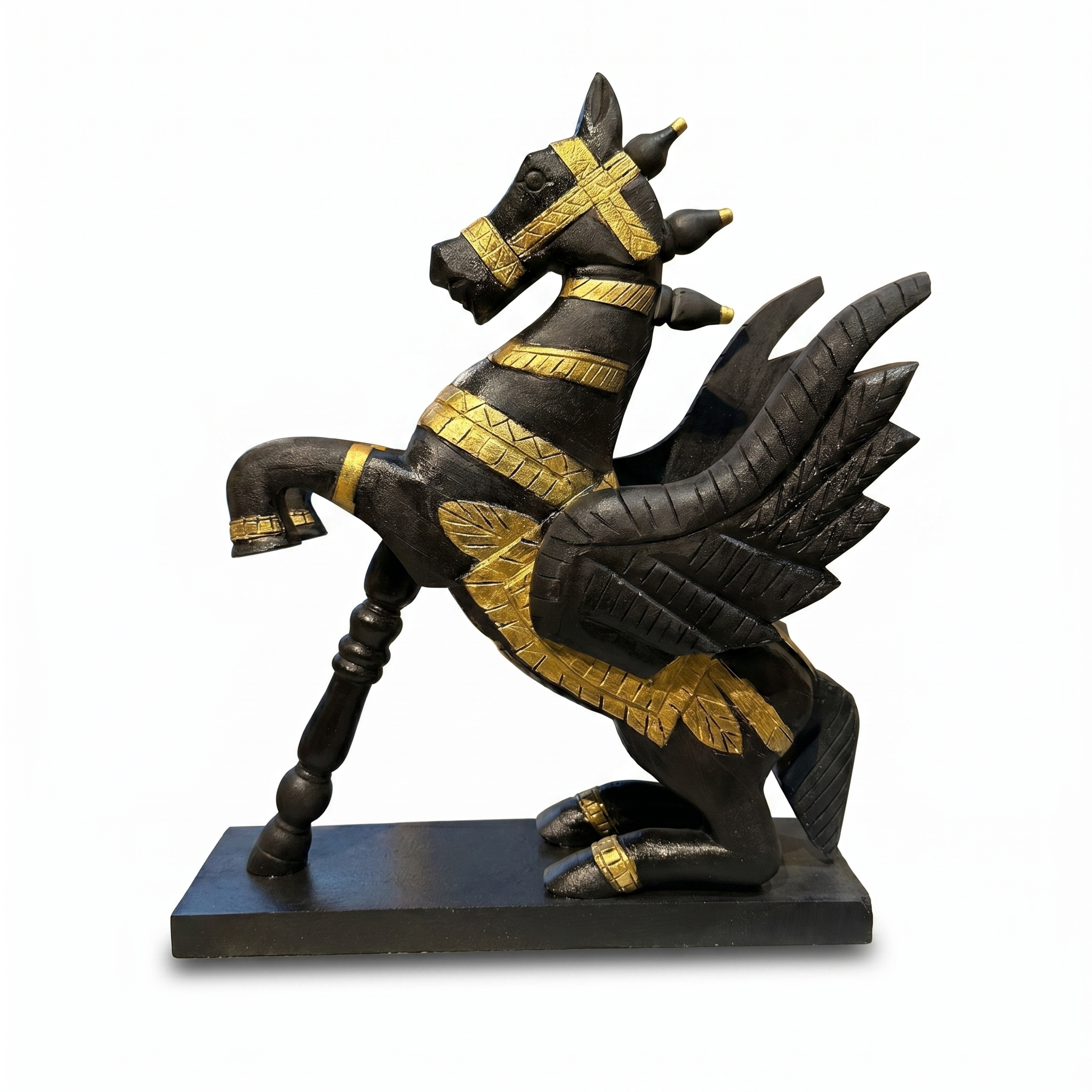 Wooden Flying Horse | Black with Gold Accents | 55x46x17cm