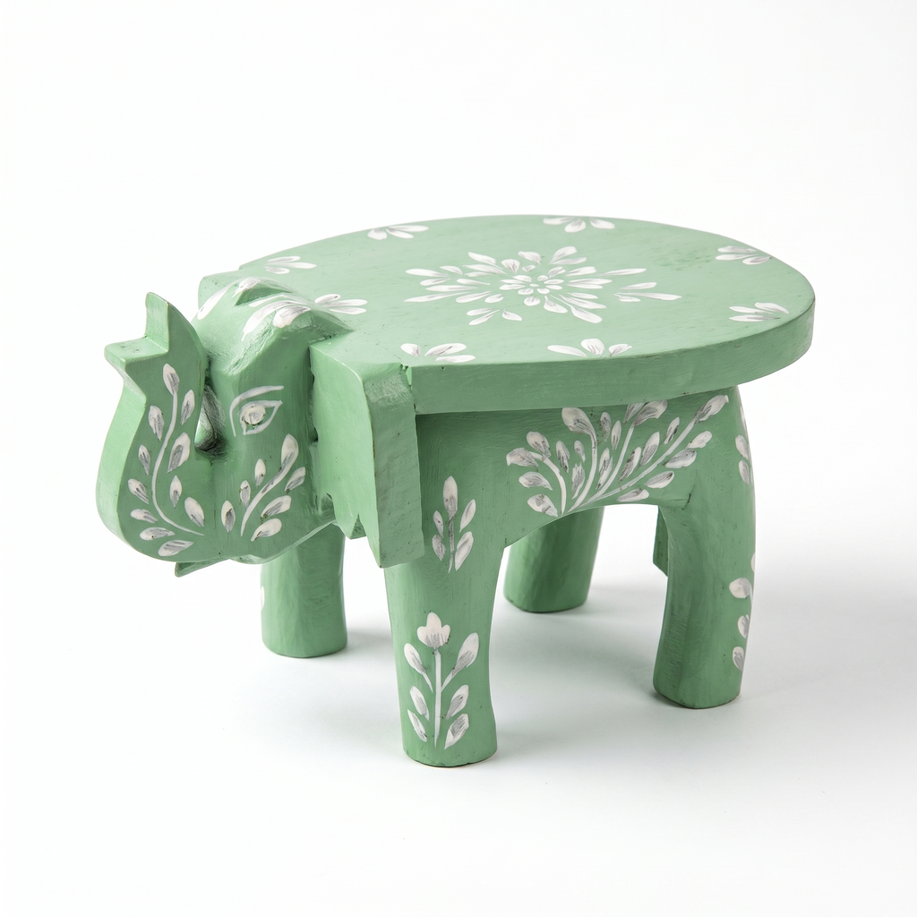Wooden Elephant Stool | Green with White Flower Motifs | 7x5x4 inches