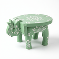 Wooden Elephant Stool | Green with White Flower Motifs | 7x5x4 inches
