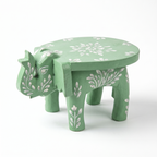 Wooden Elephant Stool | Green with White Flower Motifs | 7x5x4 inches
