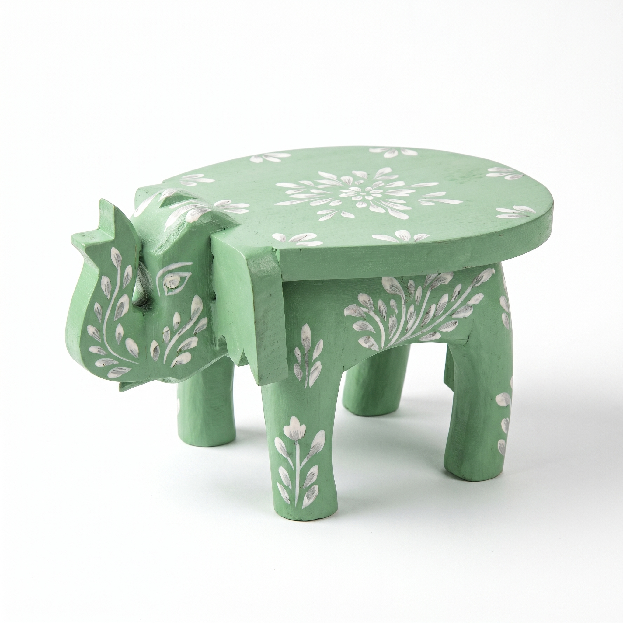 Wooden Elephant Stool | Green with White Flower Motifs | 7x5x4 inches