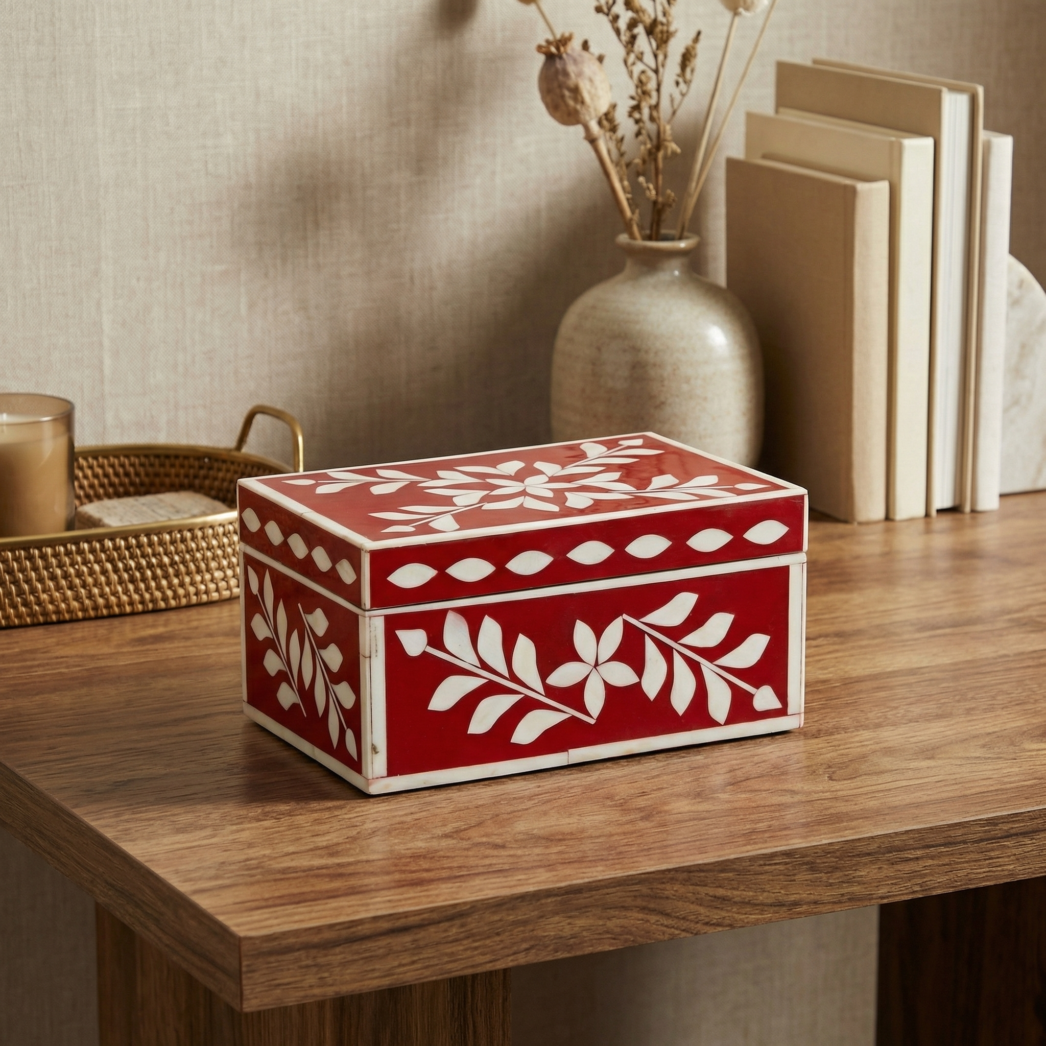 Jewellery Box Red | Bone Inlay | 20x12.5x10 cm