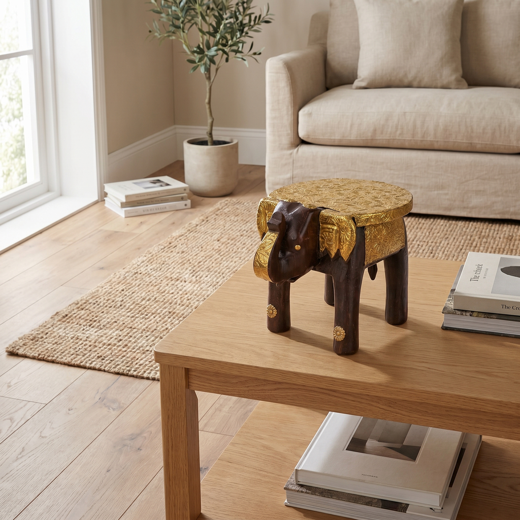 Wooden Elephant Stool | Brass Fitting | 21x14x15 cm