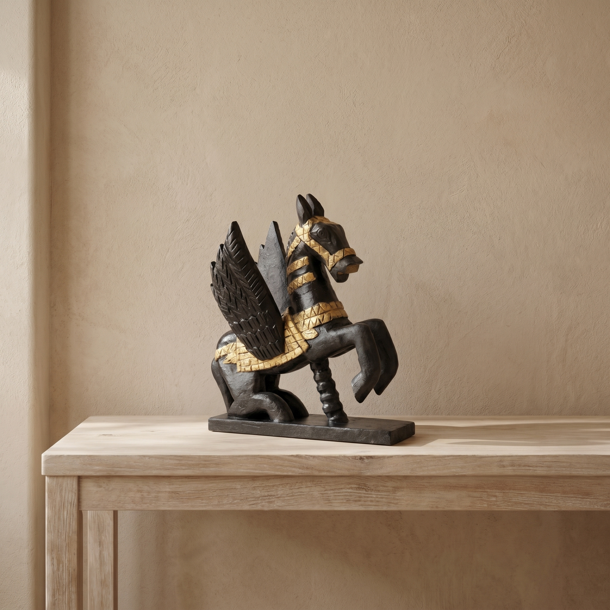 Wooden Flying Horse | Black with Gold Accents | 33x30x14cm