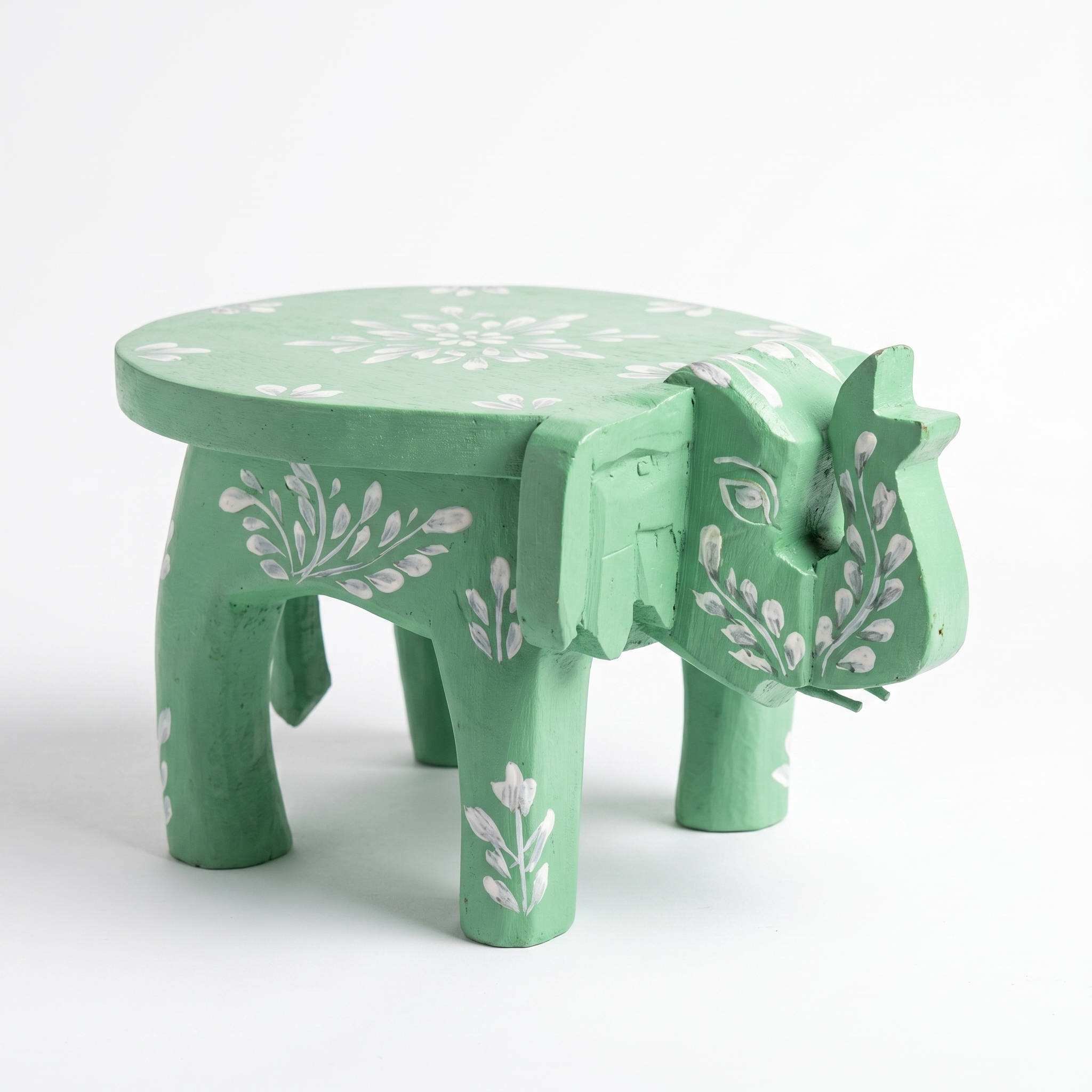 Wooden Elephant Stool | Green with White Flower Motifs | 7x5x4 inches