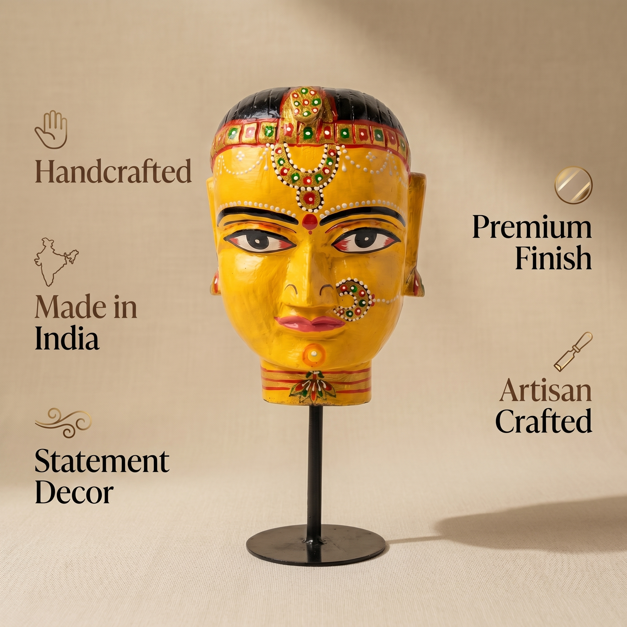 Gauri Head on Iron Stand | Yellow | 30x16x16cm