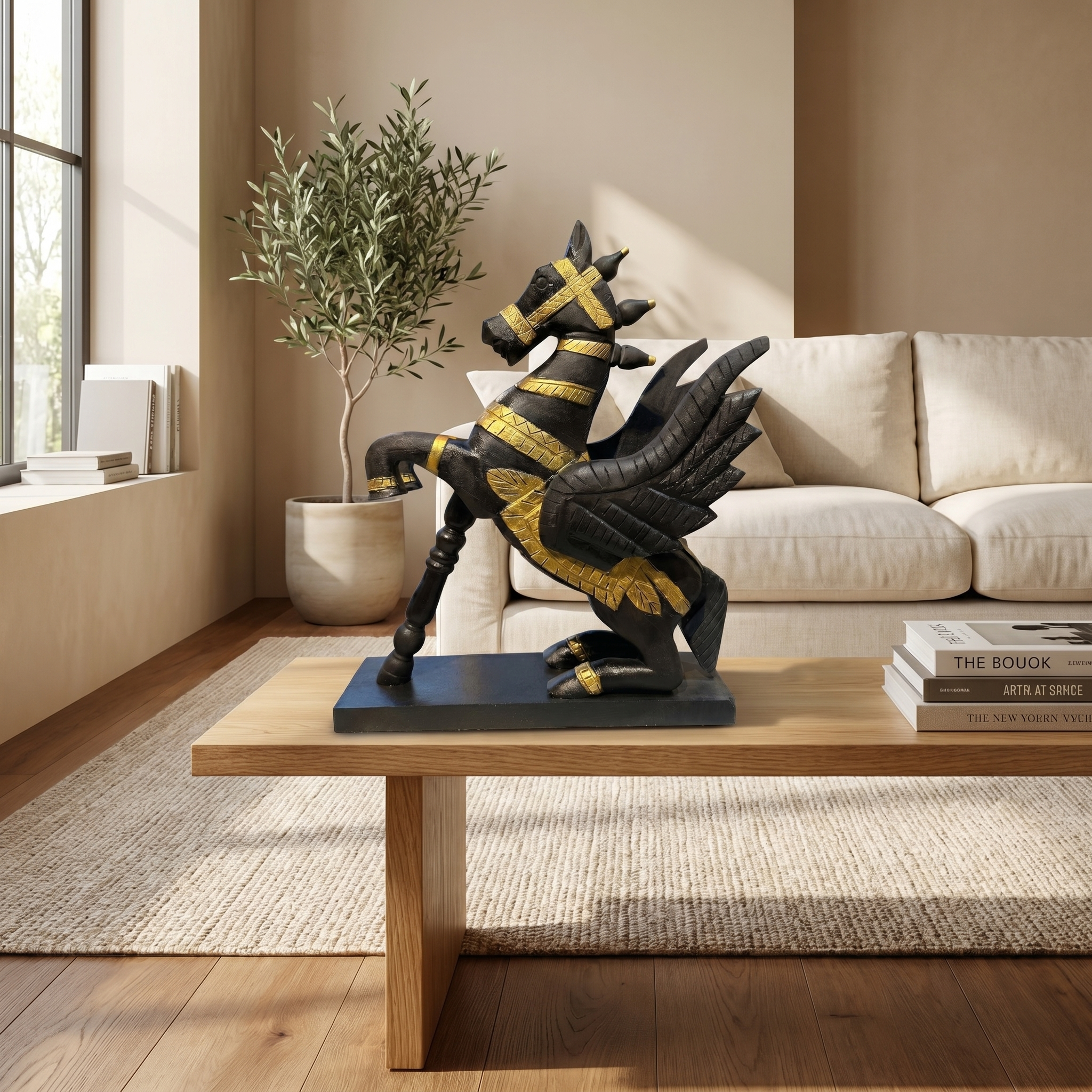 Wooden Flying Horse | Black with Gold Accents | 55x46x17cm