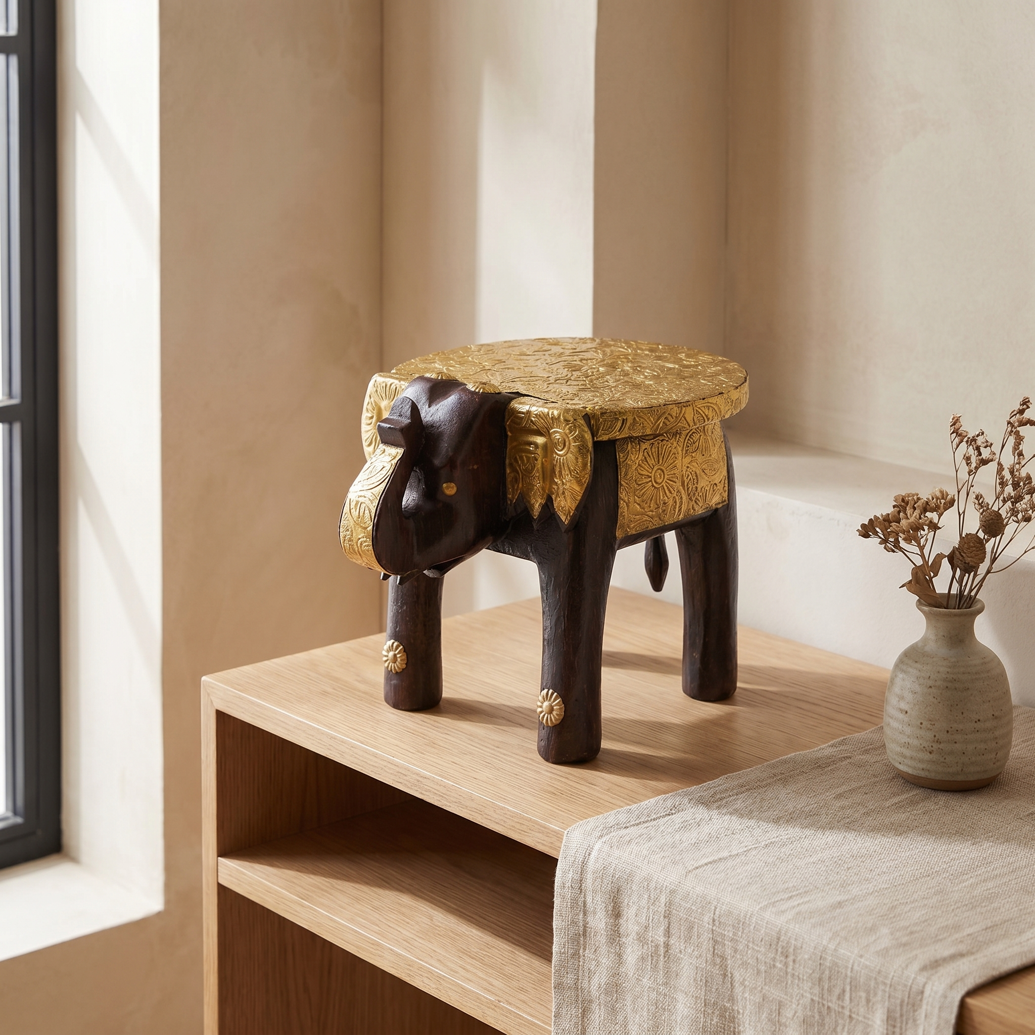 Wooden Elephant Stool | Brass Fitting | 21x14x15 cm