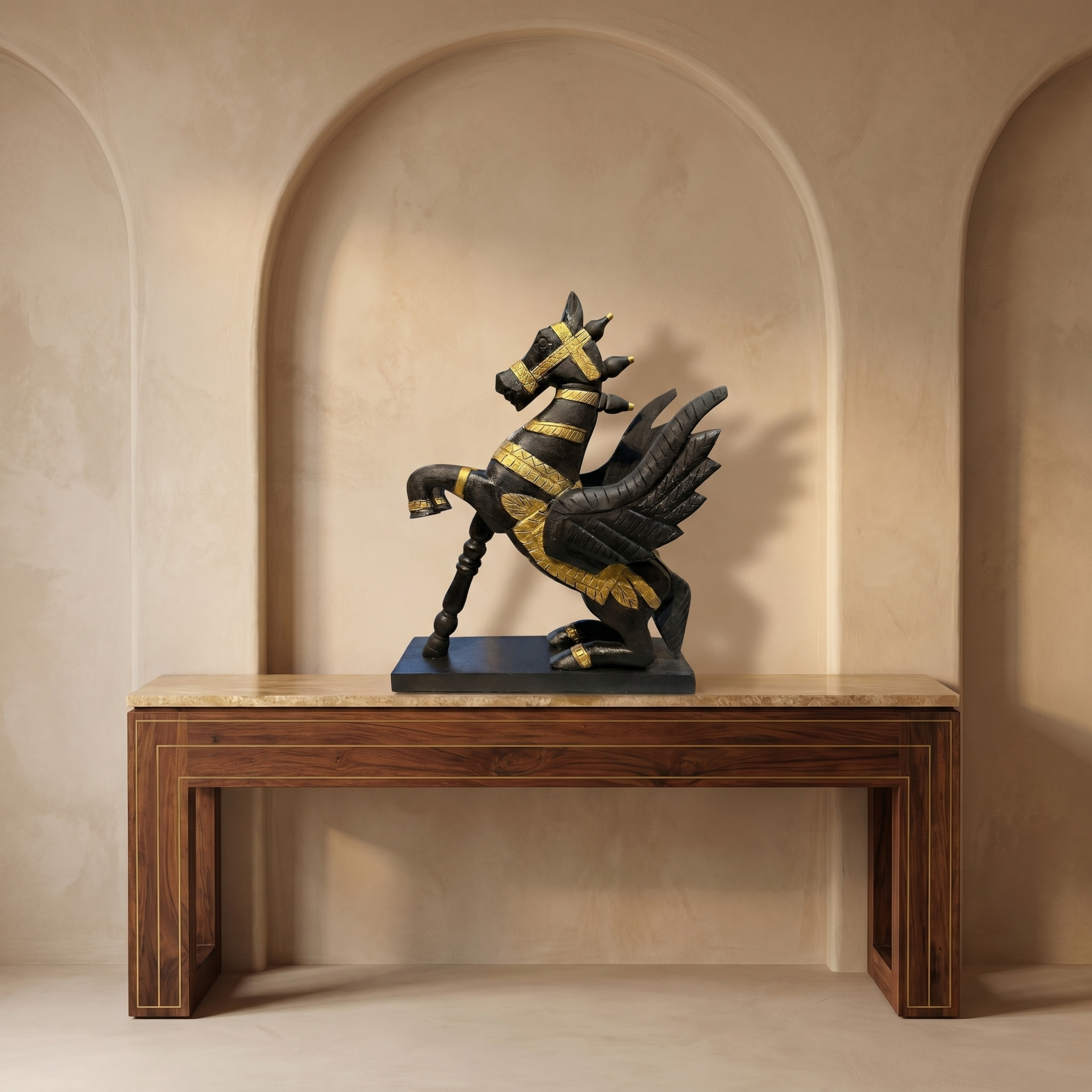 Wooden Flying Horse | Black with Gold Accents | 55x46x17cm