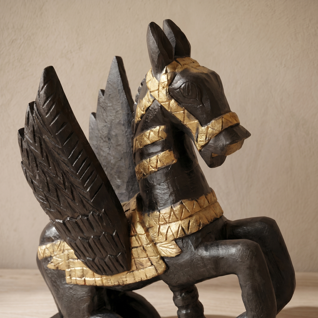 Wooden Flying Horse | Black with Gold Accents | 33x30x14cm
