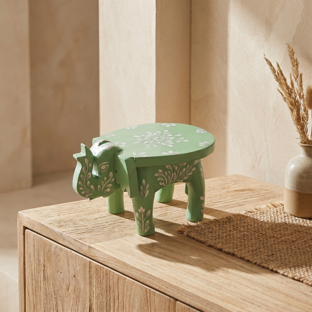 Wooden Elephant Stool | Green with White Flower Motifs | 7x5x4 inches