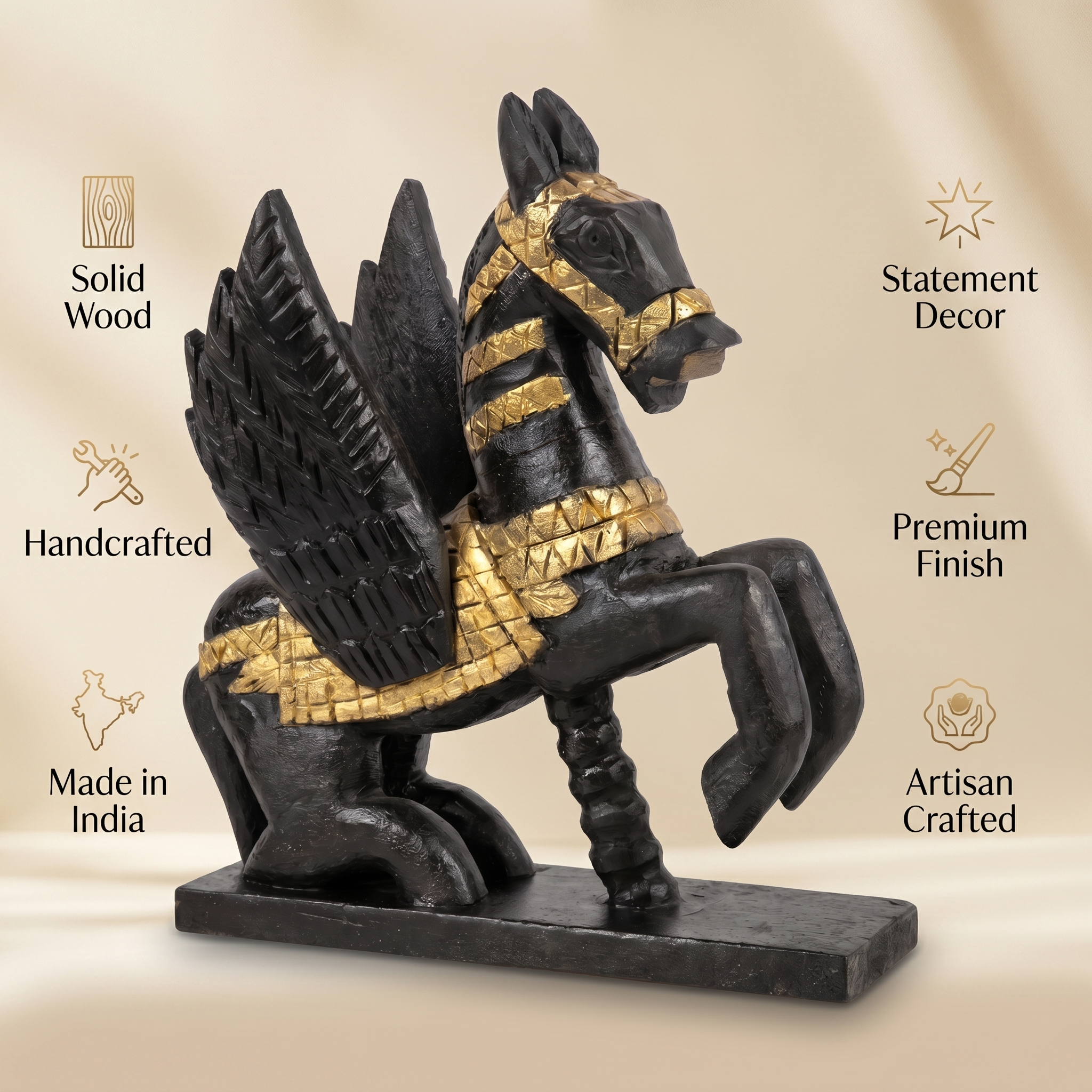 Wooden Flying Horse | Black with Gold Accents | 33x30x14cm