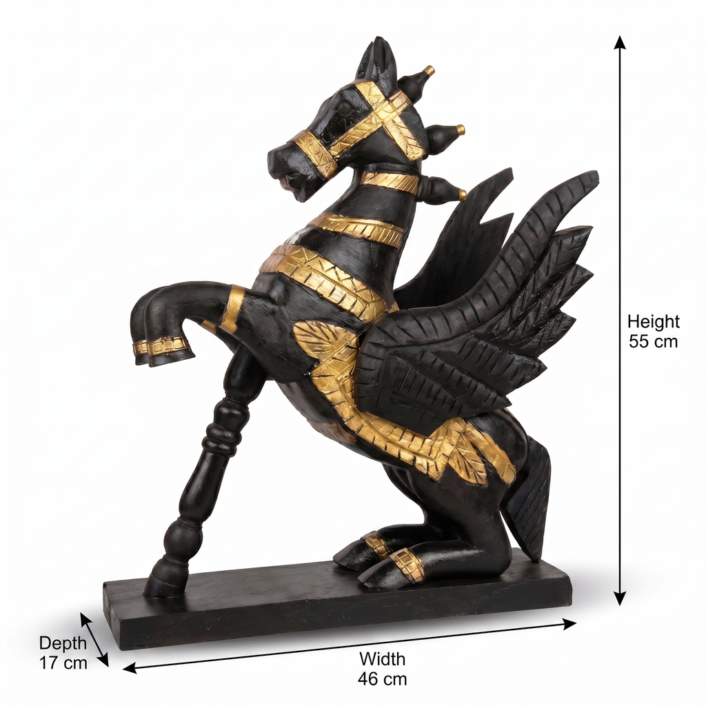 Wooden Flying Horse | Black with Gold Accents | 55x46x17cm
