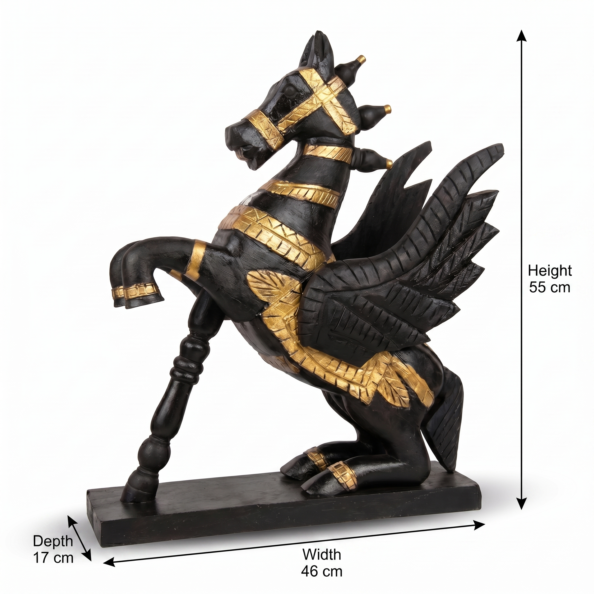 Wooden Flying Horse | Black with Gold Accents | 55x46x17cm
