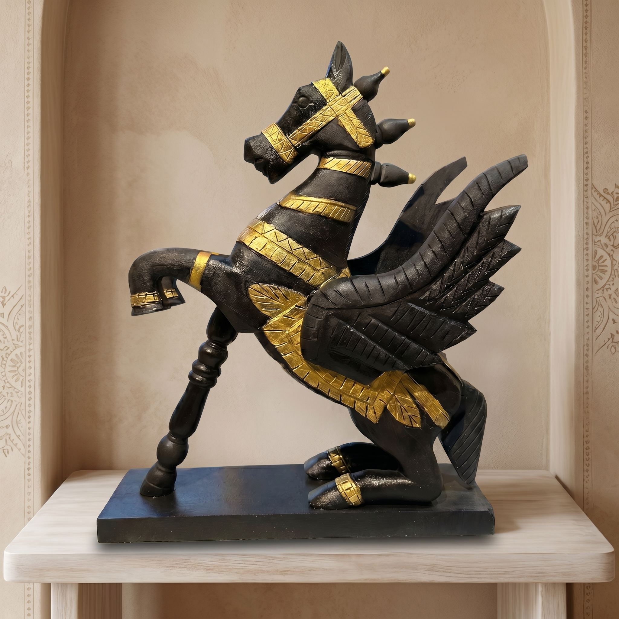 Wooden Flying Horse | Black with Gold Accents | 55x46x17cm