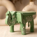 Wooden Elephant Stool | Green with White Flower Motifs | 7x5x4 inches