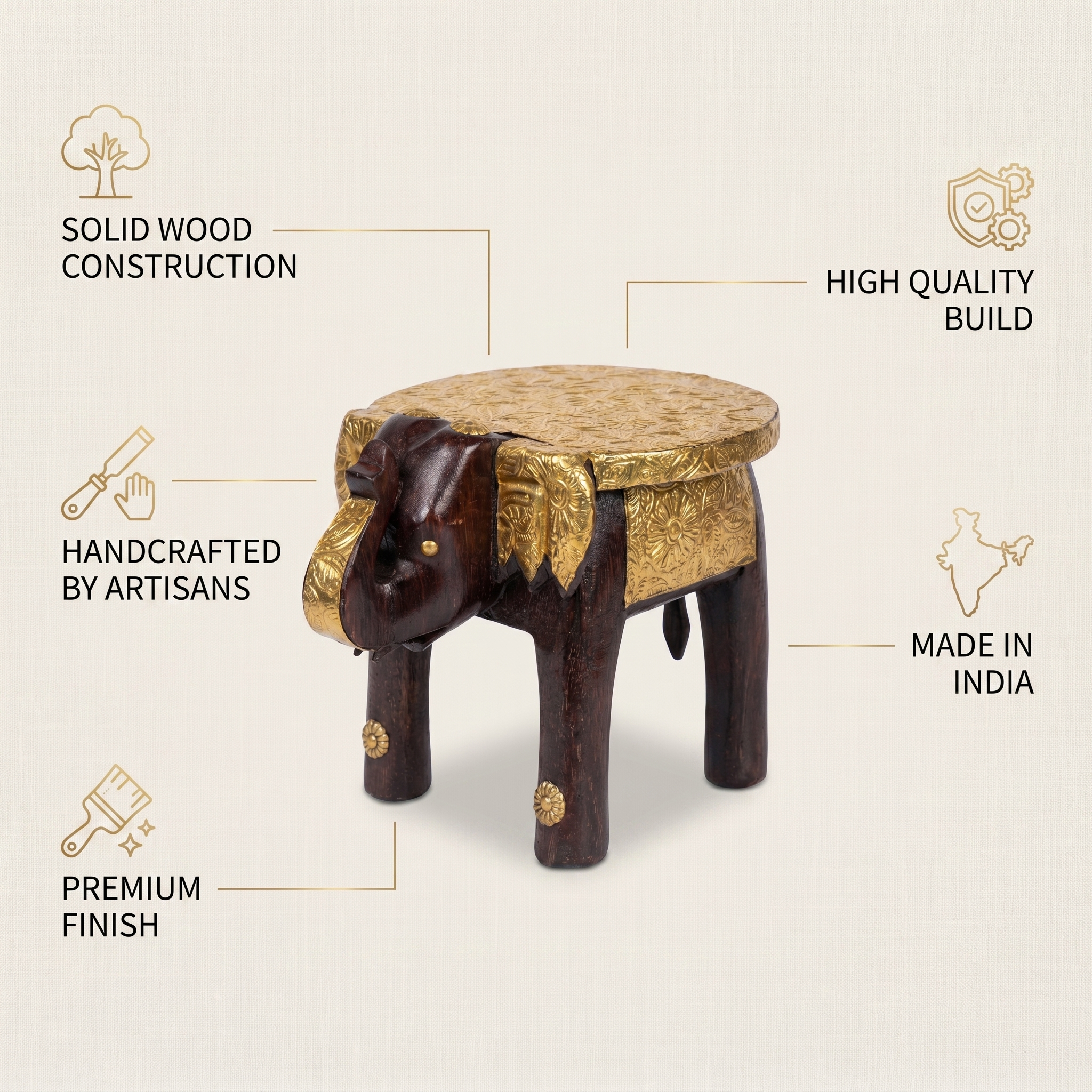 Wooden Elephant Stool | Brass Fitting | 21x14x15 cm