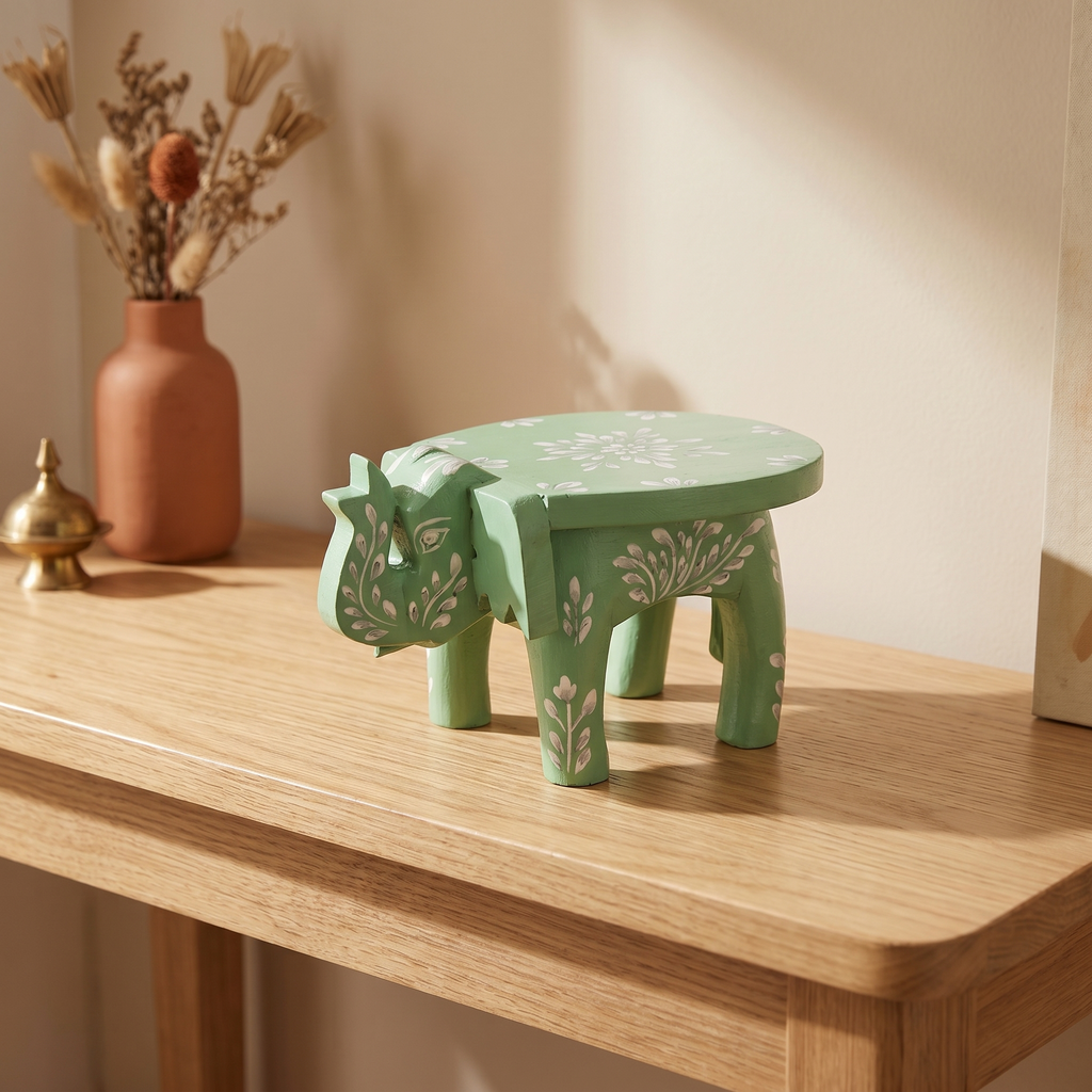 Wooden Elephant Stool | Green with White Flower Motifs | 7x5x4 inches