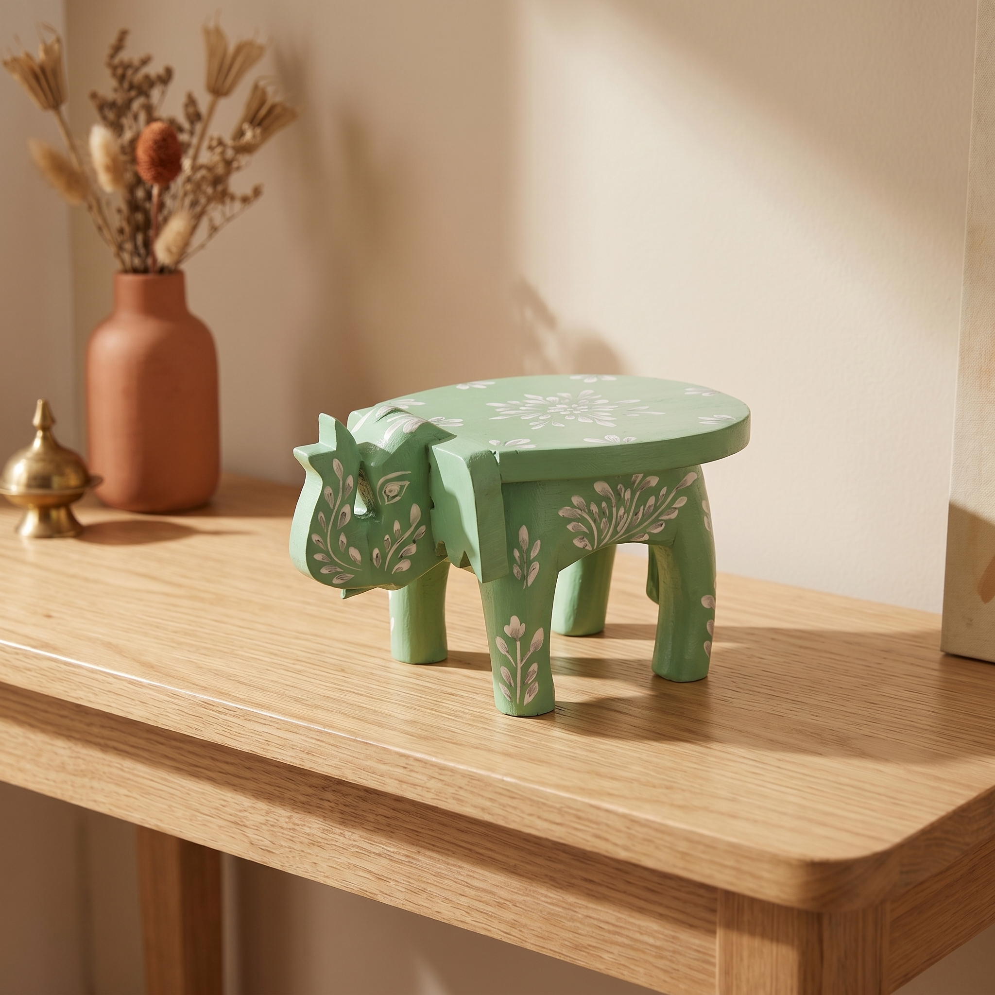 Wooden Elephant Stool | Green with White Flower Motifs | 7x5x4 inches