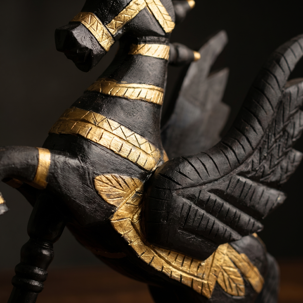 Wooden Flying Horse | Black with Gold Accents | 55x46x17cm