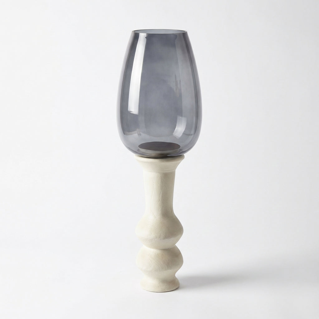 Hurricane Candle Stand | Wooden | Blue Glass 66x20x20cm