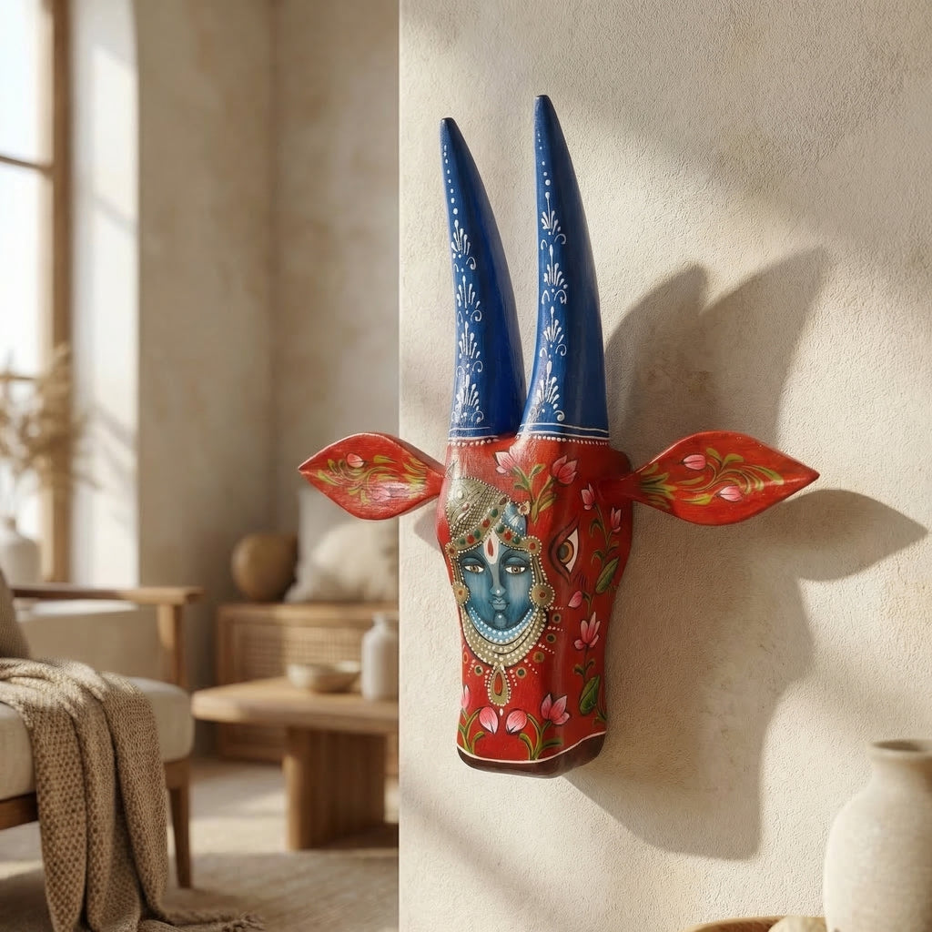 Handpainted Wooden Nandi/Cow Wall Decor | Red | 12x11x4 Inches