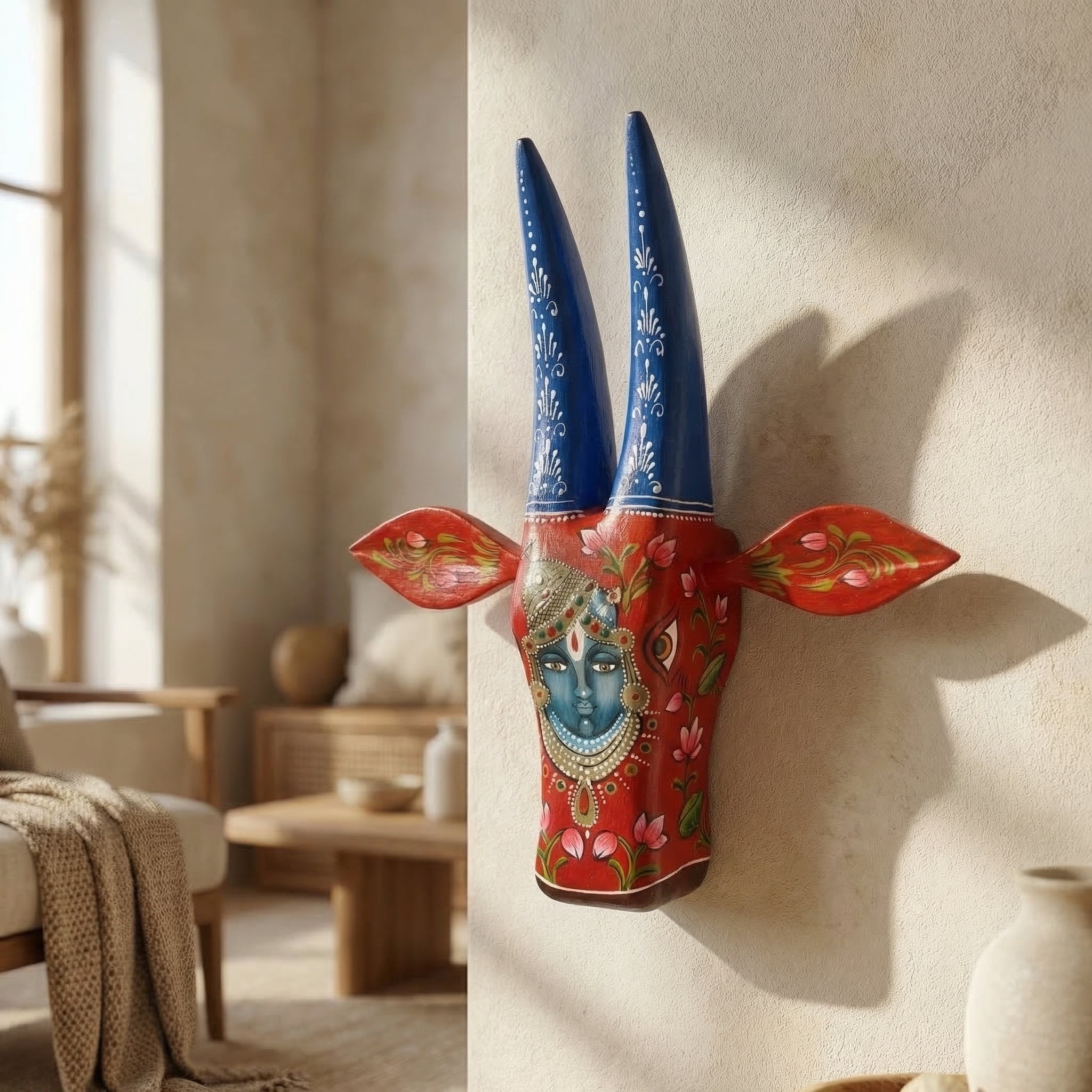 Handpainted Wooden Nandi/Cow Wall Decor | Red | 12x11x4 Inches