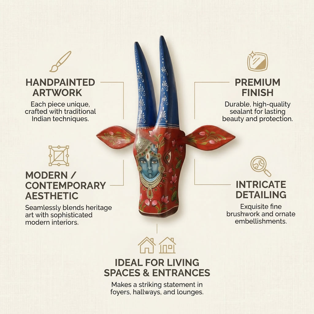 Handpainted Wooden Nandi/Cow Wall Decor | Red | 12x11x4 Inches