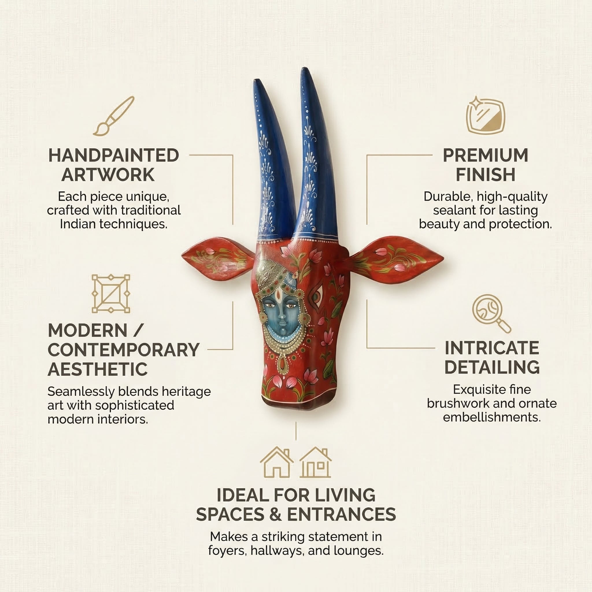 Handpainted Wooden Nandi/Cow Wall Decor | Red | 12x11x4 Inches