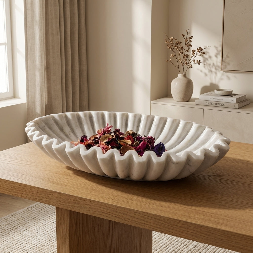 Marble Zigzag Urli Bowl | White | 25x18x8cm
