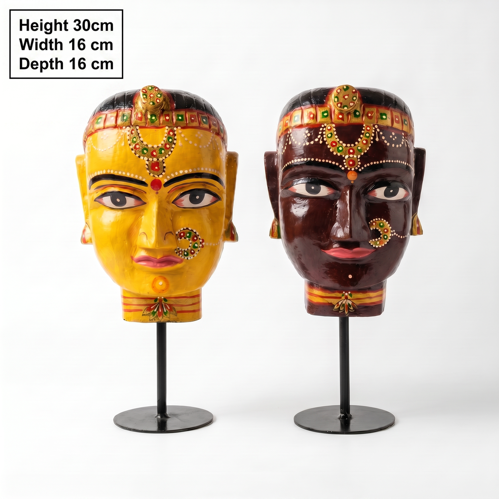 (Set of 2) Gauri Head on Iron Stand | Yellow & Brown | 30x16x16cm