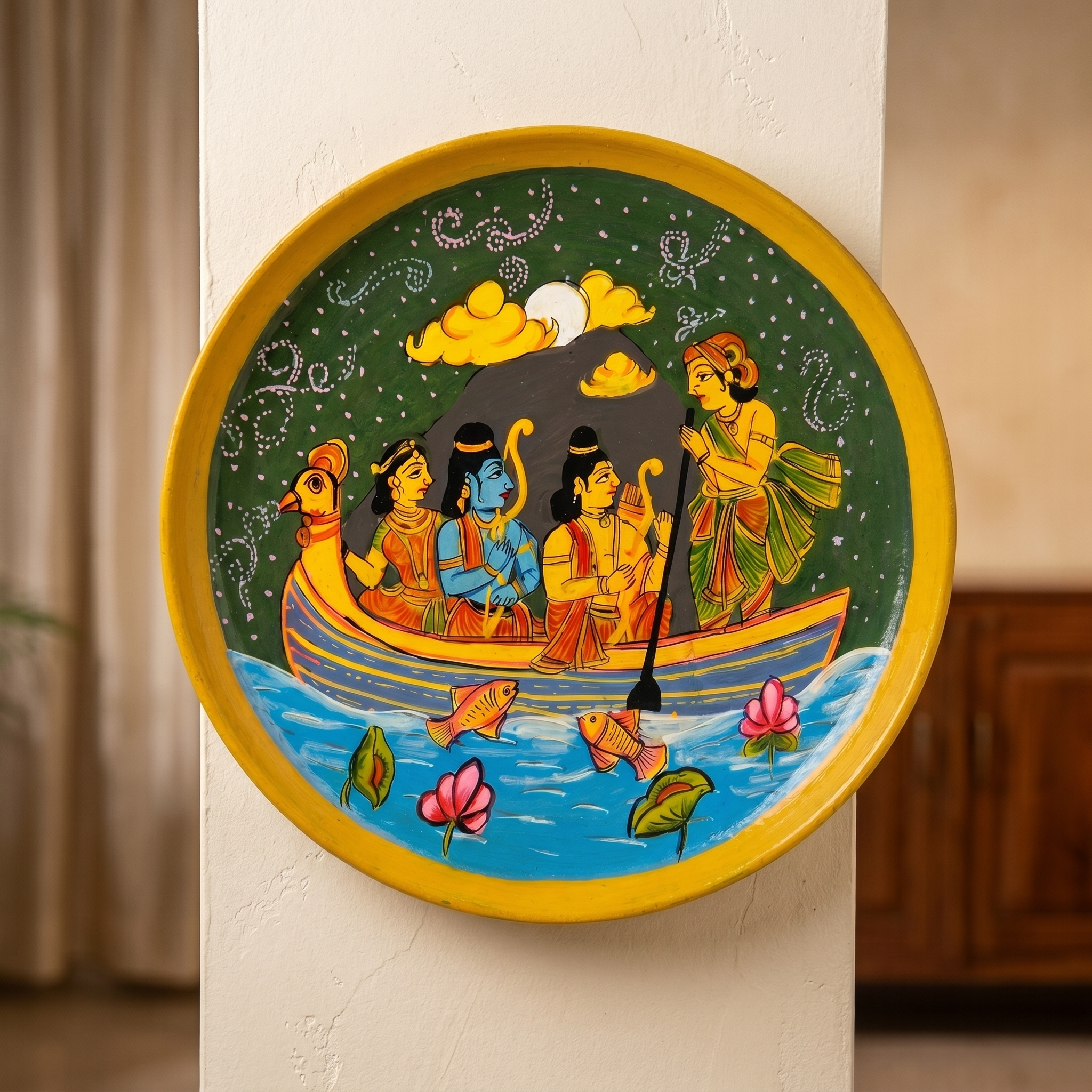 Wooden Ramayana Wall Plate | In a Boat | 10 Inches | Handpainted