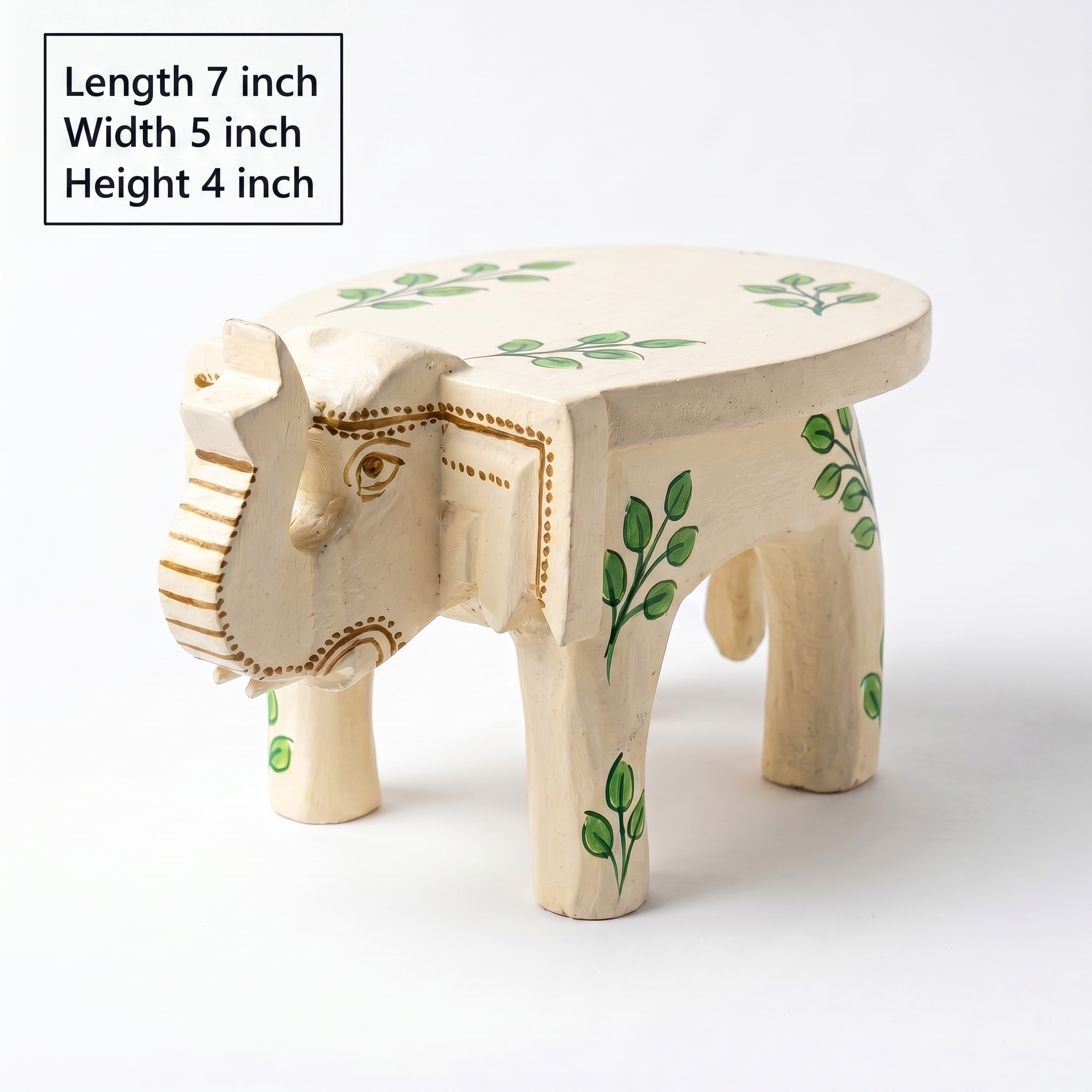 Wooden Elephant Stool | Off-white with Leaf Motifs | 7x5x4 inches