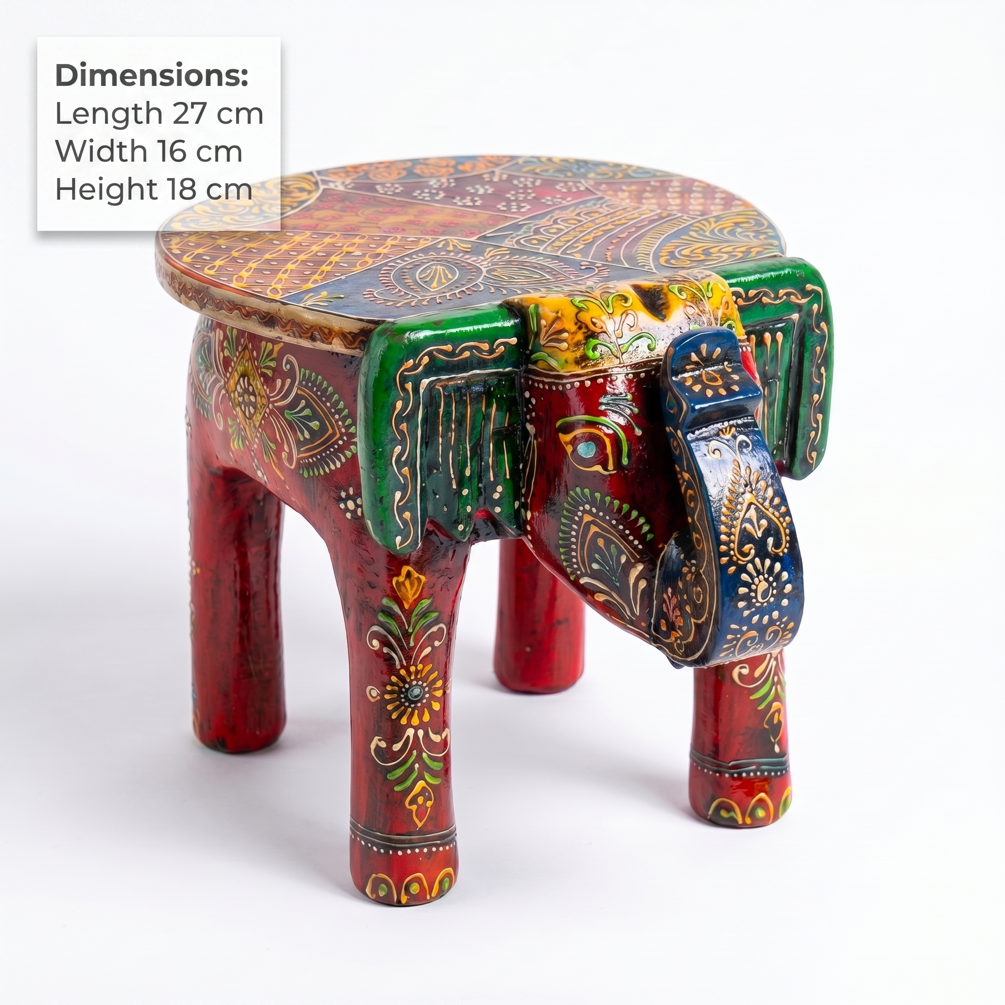 Wooden Elephant Stool | Red | 27x16x18 cm