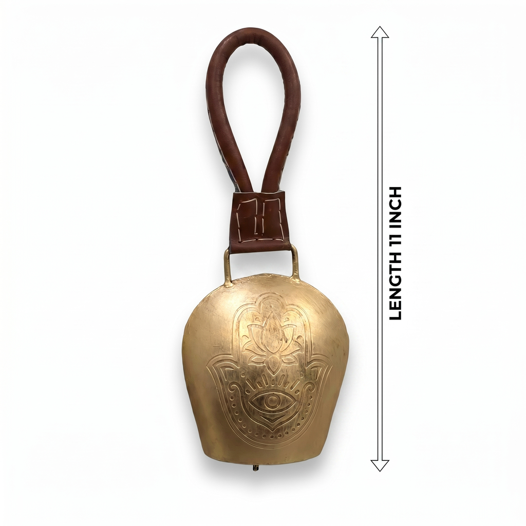 Cow Bell Brass Finish | Lotus + Evil eye motif | 11 inches