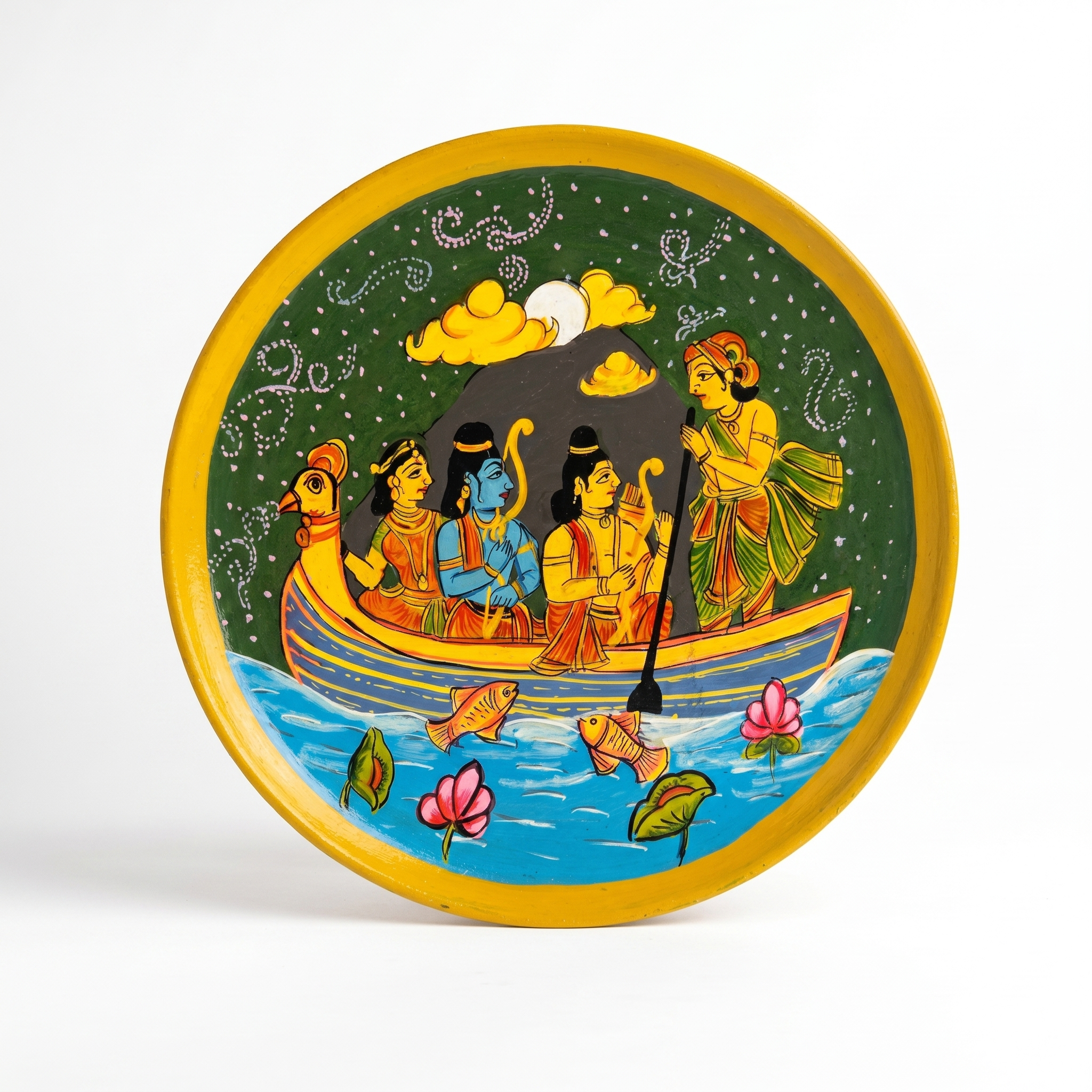 Wooden Ramayana Wall Plate | In a Boat | 10 Inches | Handpainted