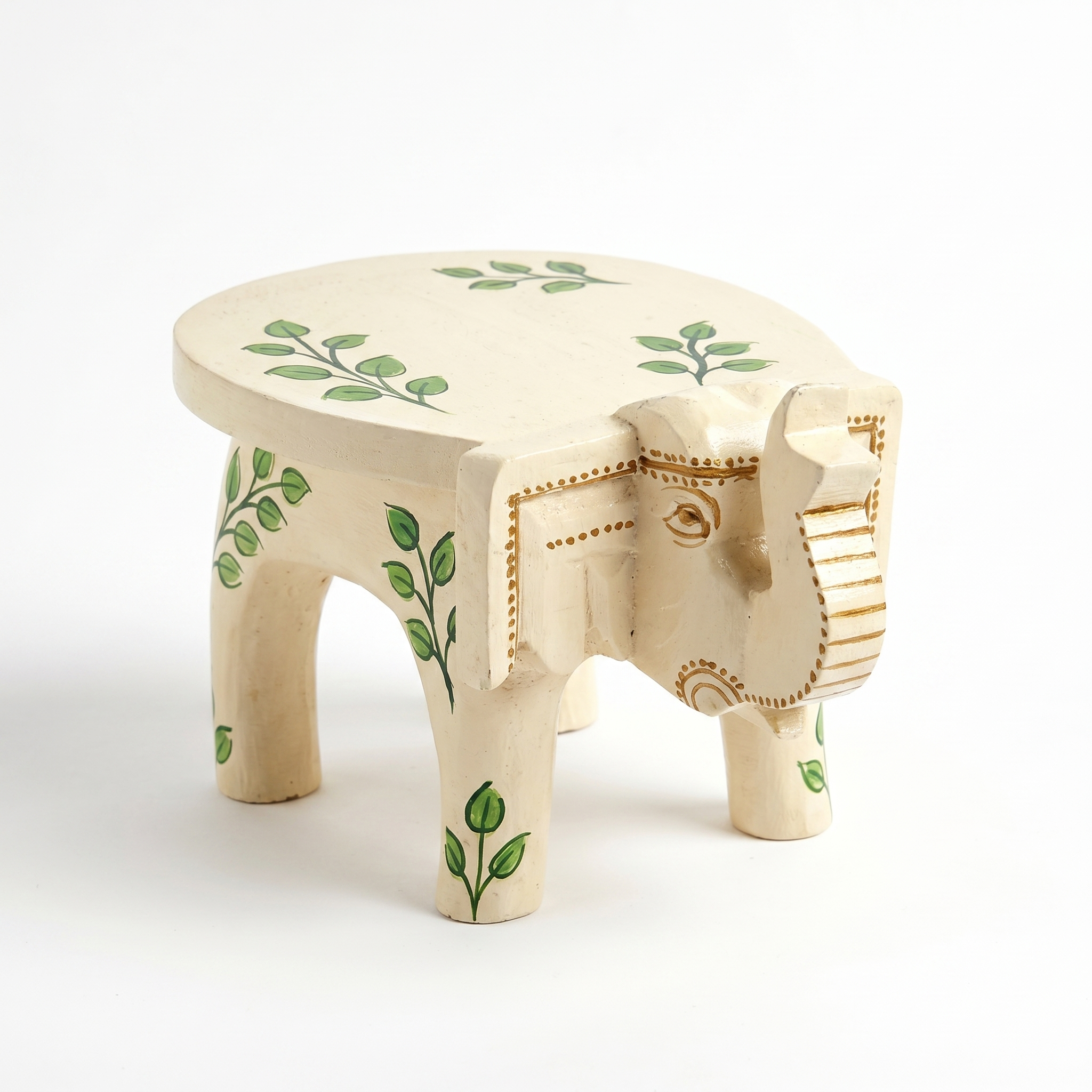 Wooden Elephant Stool | Off-white with Leaf Motifs | 7x5x4 inches