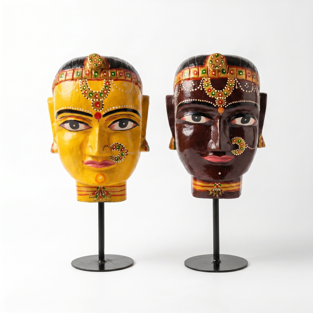 (Set of 2) Gauri Head on Iron Stand | Yellow & Brown | 30x16x16cm
