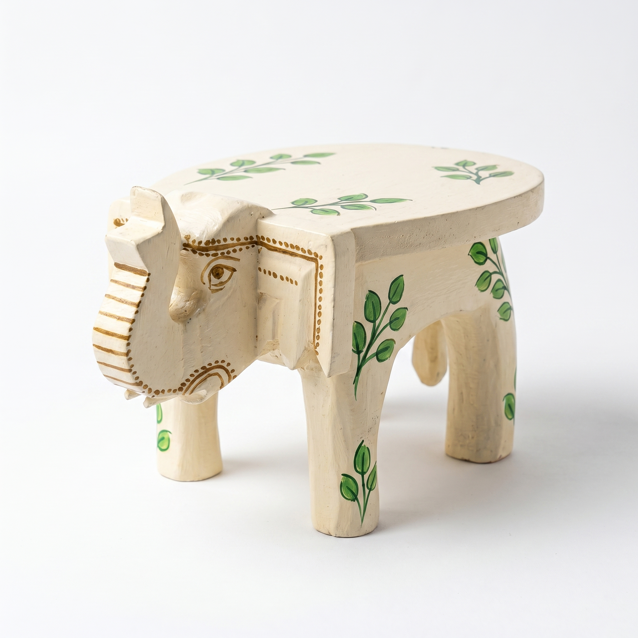 Wooden Elephant Stool | Off-white with Leaf Motifs | 7x5x4 inches
