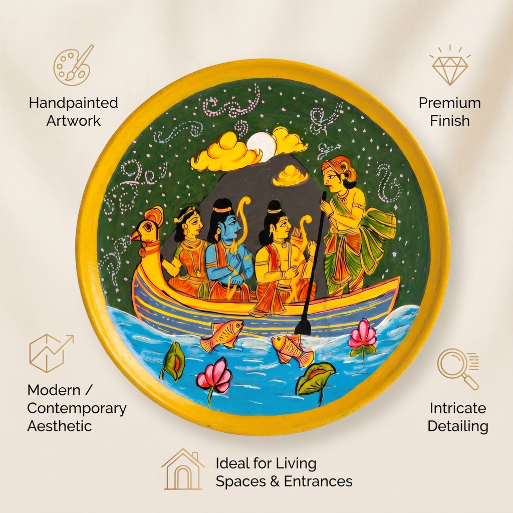 Wooden Ramayana Wall Plate | In a Boat | 10 Inches | Handpainted