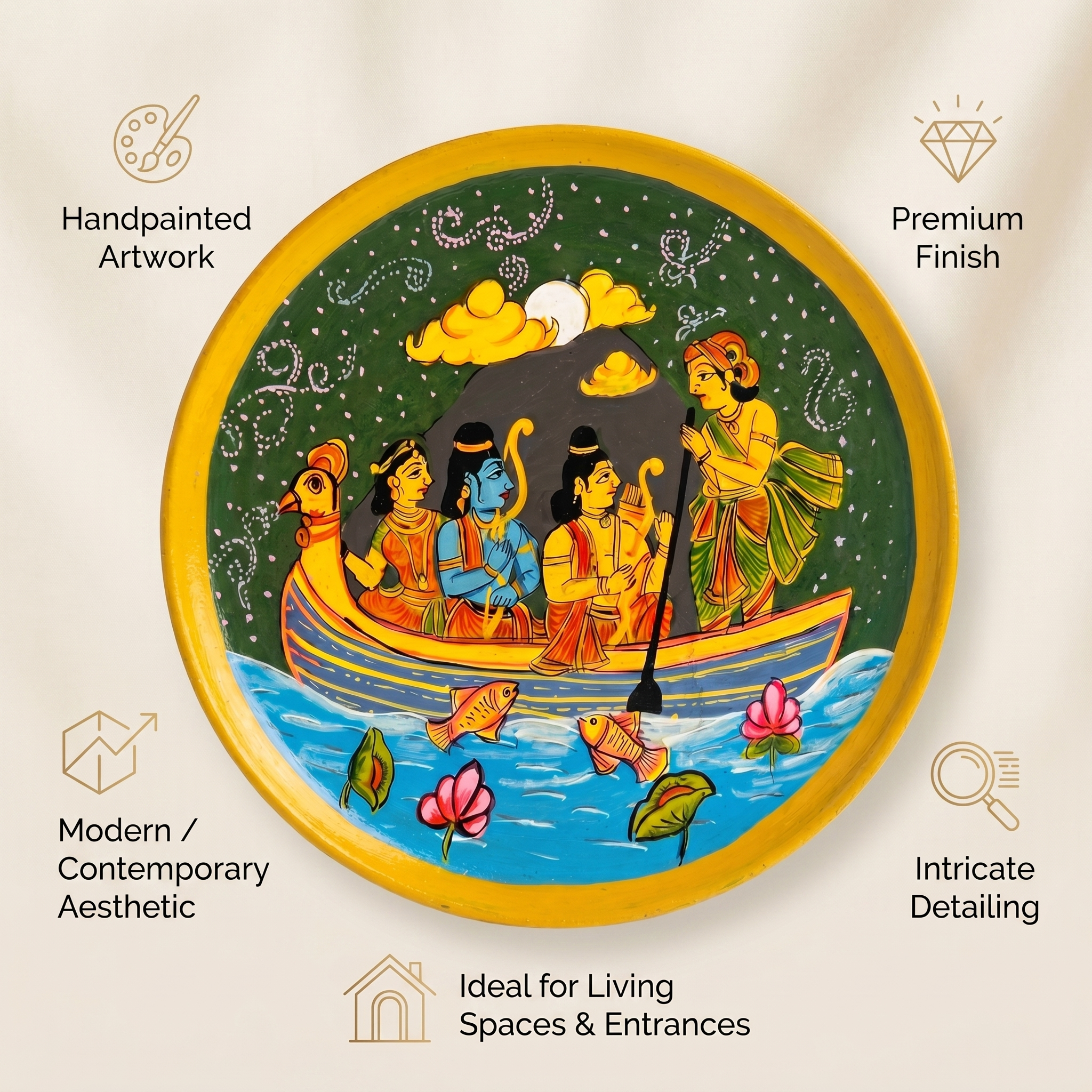 Wooden Ramayana Wall Plate | In a Boat | 10 Inches | Handpainted