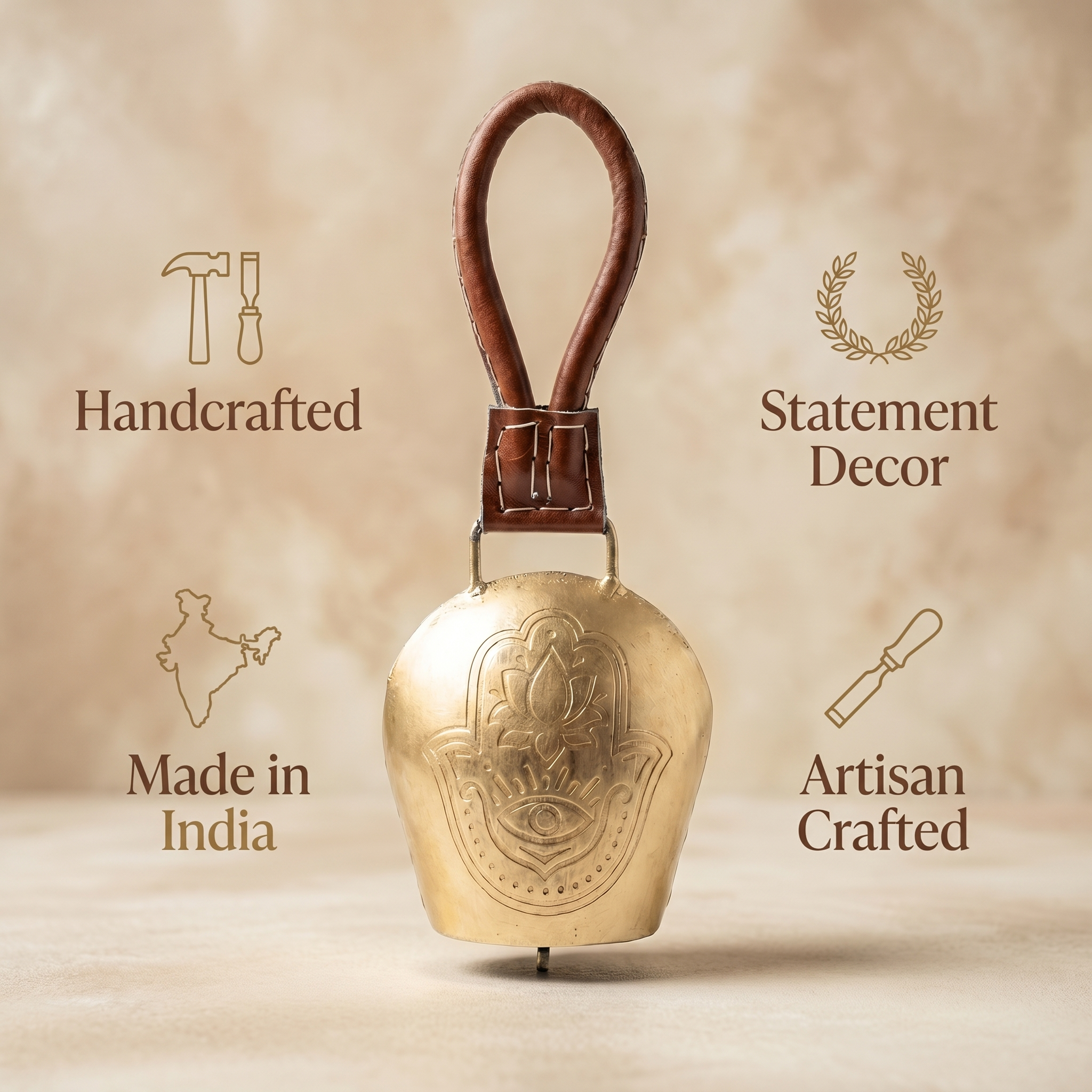 Cow Bell Brass Finish | Lotus + Evil eye motif | 11 inches